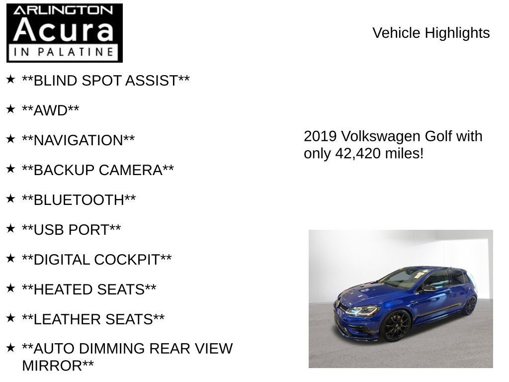 2019 Volkswagen Golf R 2.0T DSG w/DCC/Nav